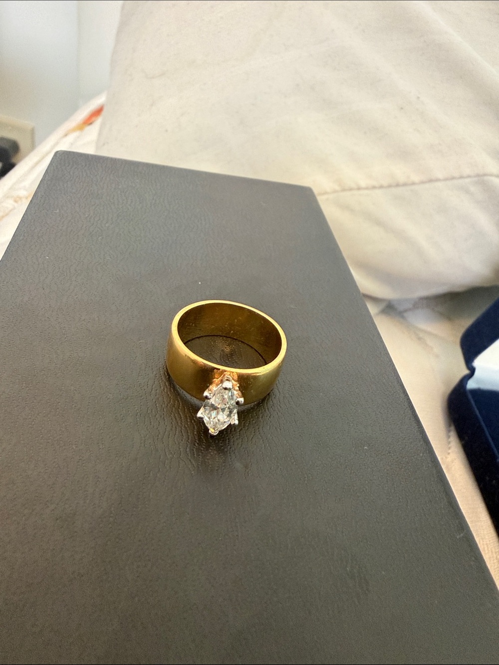 Gold Wide Band Ring with Clear Teardrop Stone vintage gold chain